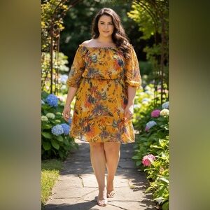 Boho Cottagecore Ava & Viv Plus Off-the-Shoulder Floral Yellow Dress - Sz 3X